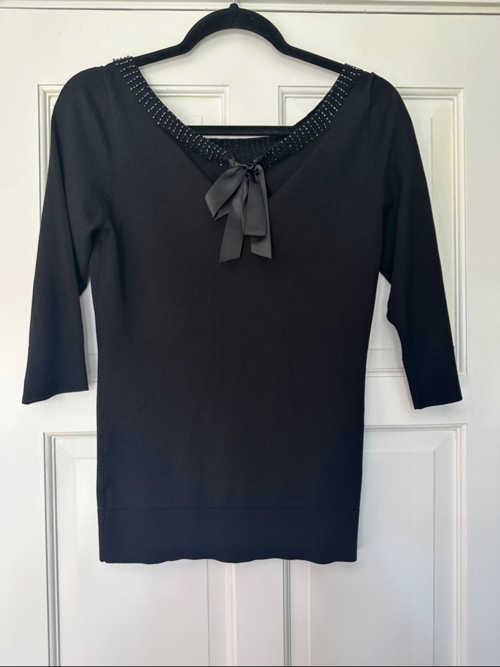 White House Black Market Rhinestone and Beaded Black Silk Blend Sweater - Picture 2 of 7